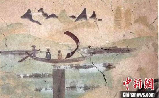 “一人搖櫓晃扁舟，兩人撐篙水上漂?！眻D為莫高窟第323窟《搖櫓帆船》（初唐）?！《鼗脱芯吭汗﹫D