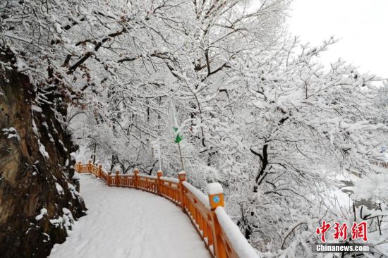 圖為上山的石階被雪覆蓋。張?zhí)鞂?攝