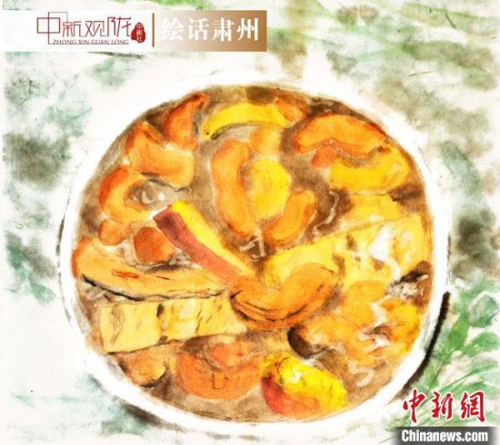 圖為酒泉美食“糊鍋”繪畫作品?！《排d彥 攝